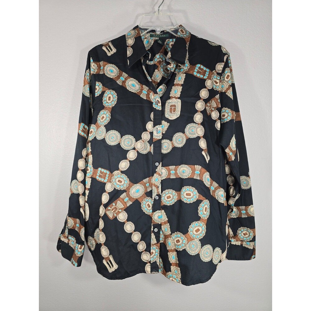 Lauren Ralph Lauren Western Concho Belt Print Shirt Womens XL Black Turquoise BP